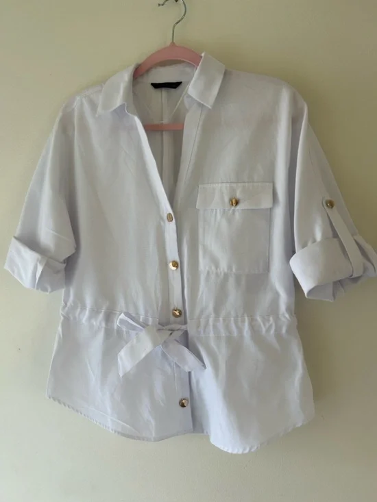NWOT Zara White Button-Front Tie-Waist Shirt - Picture 4 of 11